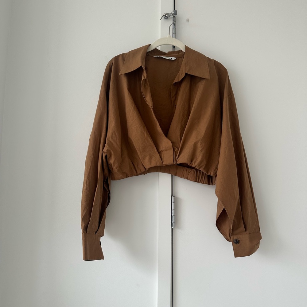 Brown Zara Cropped Button Up Shirt
